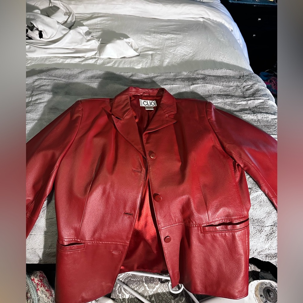 Clio Genuine Deep Red Leather Jacket Women’s Sz. L Looks Fabulous!